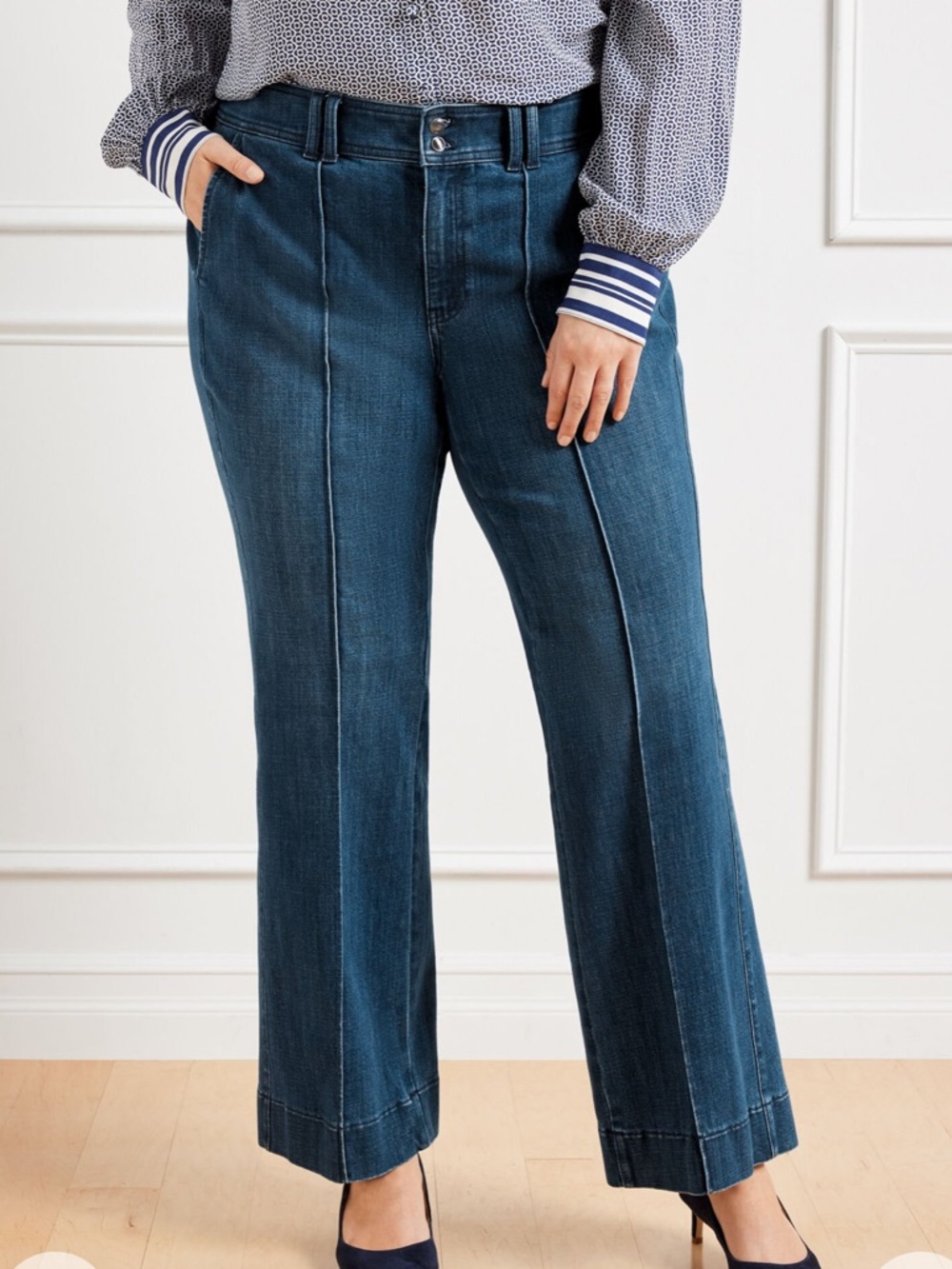 Talbots Flare Leg Pintuck Jeans Women’s 16W Lapis Wash High Rise Stretch Denim